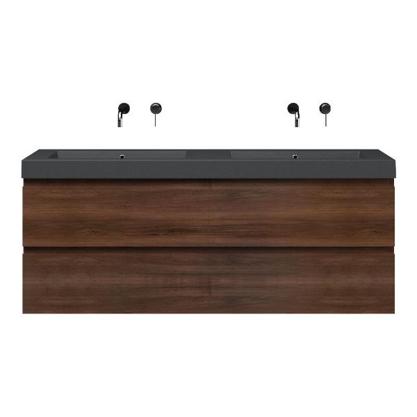 Bellanti Gisella/Esta-Q badmeubel 160x46 4 softclose laden walnoot greeploos quartz dubbele wastafel mat grijs zonder kraangaten
