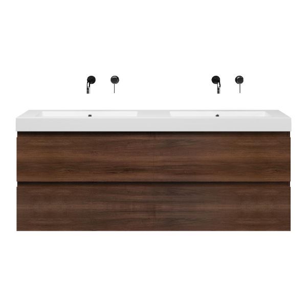 Bellanti Gisella/Esta-Q badmeubel 160x46 4 softclose laden walnoot greeploos quartz dubbele wastafel mat wit zonder kraangaten