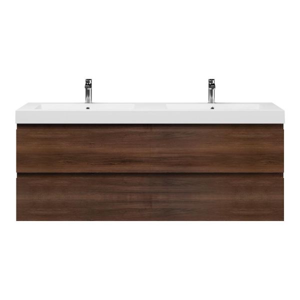 Bellanti Gisella/Esta badmeubel 160x46 4 softclose laden walnoot greeploos polystone dubbele wastafel wit met 2 kraangaten