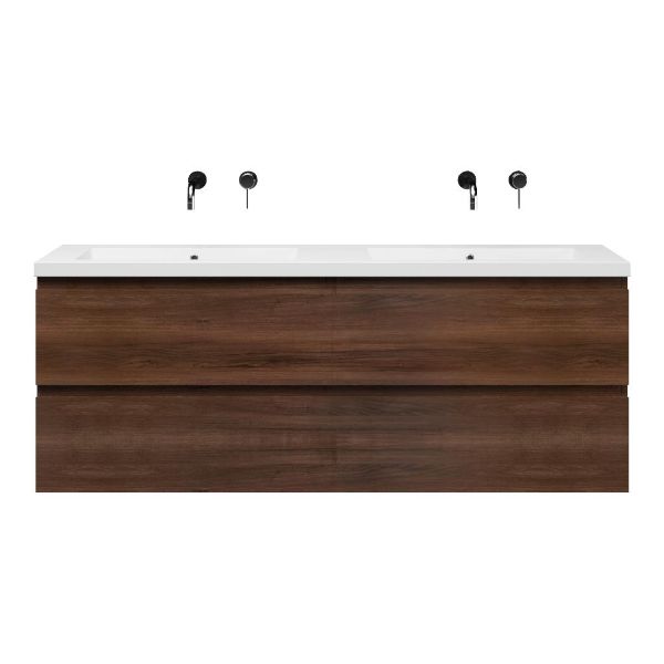 Bellanti Gisella/Esta badmeubel 160x46 4 softclose laden walnoot greeploos polystone dubbele wastafel wit zonder kraangaten