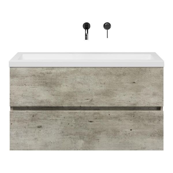 Bellanti Fabia/Esta-Q ondiep badmeubel 100x36 2 softclose laden steigerhout licht grijs greeploos met quartz wastafel mat wit zonder kraangat zonder overloop