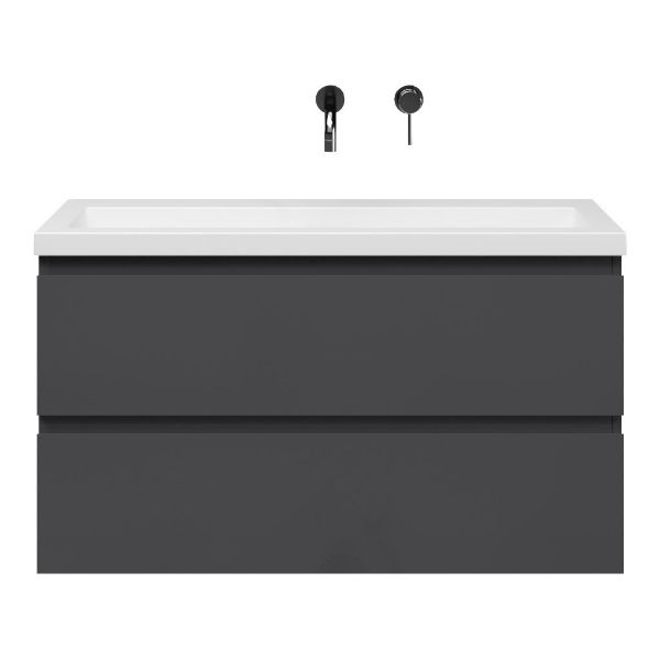 Bellanti Secca/Esta-Q ondiep badmeubel 100x36 2 softclose laden antraciet hoogglans greeploos met quartz wastafel mat wit zonder kraangat zonder overloop