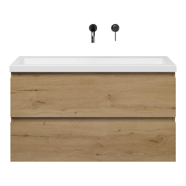 Bellanti Secca/Esta-Q ondiep badmeubel 100x36 2 softclose laden eiken natuur greeploos met quartz wastafel mat wit zonder kraangat zonder overloop