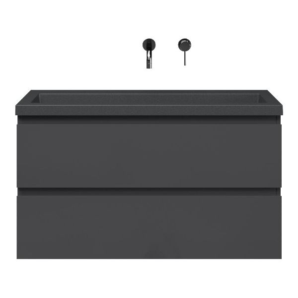 Bellanti Secca/Esta-Q ondiep badmeubel 100x36 2 softclose laden antraciet hoogglans greeploos met quartz wastafel mat grijs zonder kraangat zonder overloop