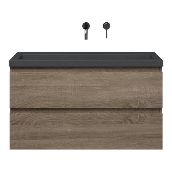 Bellanti Secca/Esta-Q ondiep badmeubel 100x36 2 softclose laden donker eiken greeploos met quartz wastafel mat grijs zonder kraangat zonder overloop