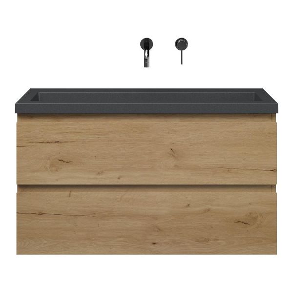 Bellanti Secca/Esta-Q ondiep badmeubel 100x36 2 softclose laden eiken natuur greeploos met quartz wastafel mat grijs zonder kraangat zonder overloop