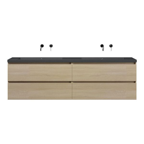 Bellanti Elena/Esta-q badmeubel 200x46 4 softclose laden licht eiken greeploos quartz dubbele wastafel mat grijs zonder kraangaten