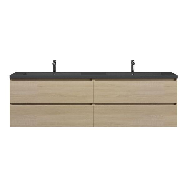 Bellanti Elena/Esta badmeubel 200x46 4 softclose laden licht eiken greeploos polystone dubbele wastafel mat grijs met 2 kraangaten