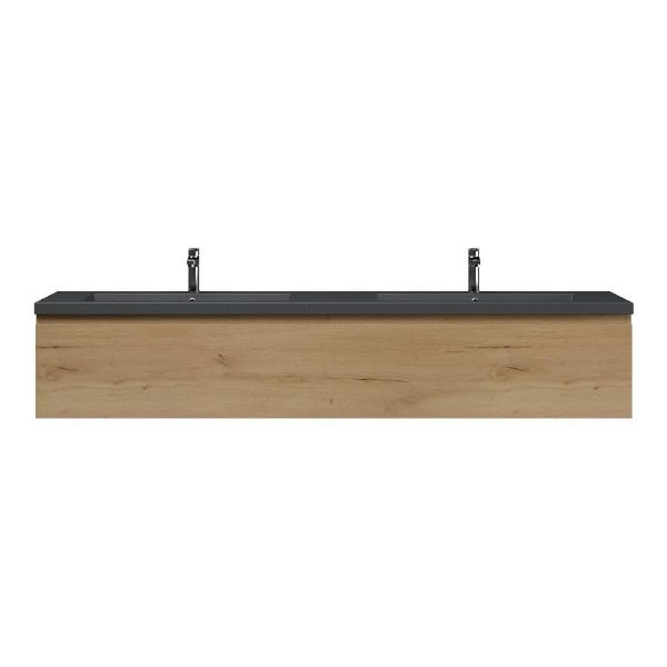 Bellanti Solo/Esta badmeubel 200x46 2 softclose laden natuur eiken greeploos polystone dubbele wastafel mat grijs met 2 kraangaten