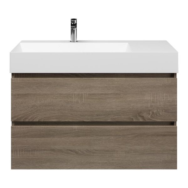 Bellanti Elena/Azzurra badmeubel 100x46 2 softclose laden eiken donker greeploos keramische wastafel links wit mat met 1 kraangat