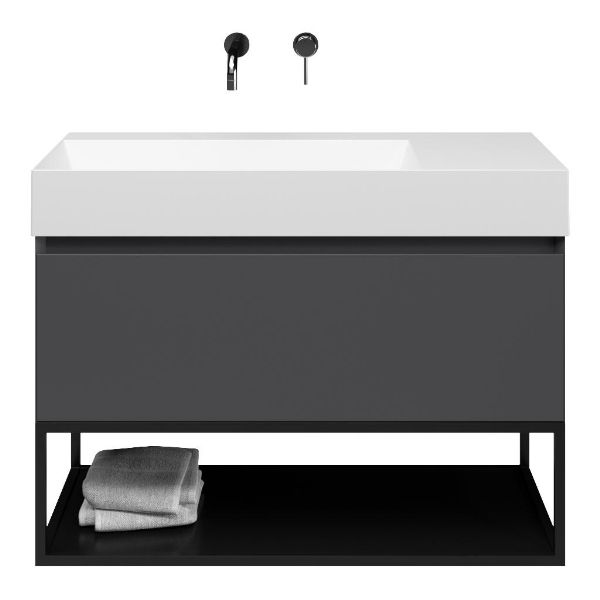 Bellanti Solo/Tela/Azzurra badmeubel 100x46 1 softclose lade antraciet mat greeploos keramische wastafel links wit mat zonder kraangaten met mat zwart metalen frame