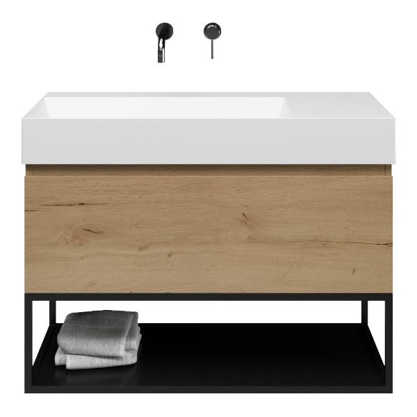 Bellanti Solo/Tela/Azzurra badmeubel 100x46 1 softclose lade eiken natuur greeploos keramische wastafel links wit mat zonder kraangaten met mat zwart metalen frame