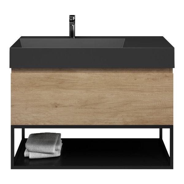 Bellanti Solo/Tela/Azzurra badmeubel 100x46 1 softclose lade olm greeploos keramische wastafel links zwart mat met 1 kraangat met mat zwart metalen frame