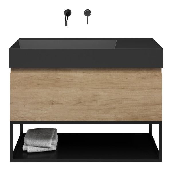 Bellanti Solo/Tela/Azzurra badmeubel 100x46 1 softclose lade olm greeploos keramische wastafel links zwart mat zonder kraangaten met mat zwart metalen frame