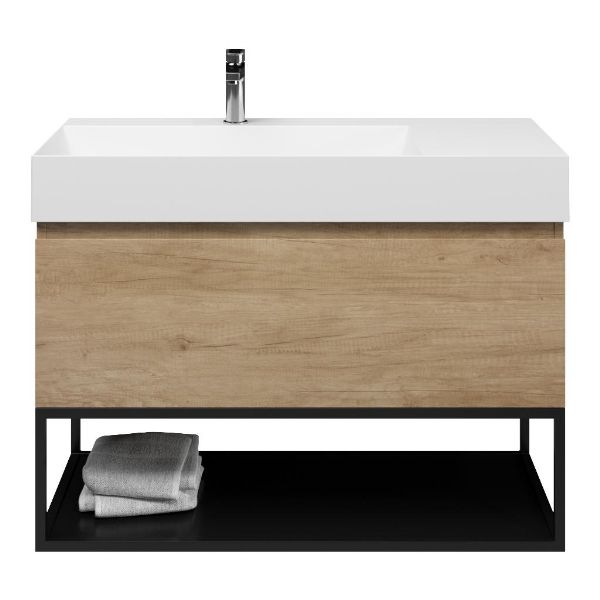 Bellanti Solo/Tela/Azzurra badmeubel 100x46 1 softclose lade olm greeploos keramische wastafel links wit glans met 1 kraangat met mat zwart metalen frame