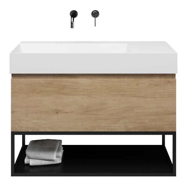 Bellanti Solo/Tela/Azzurra badmeubel 100x46 1 softclose lade olm greeploos keramische wastafel links wit glans zonder kraangaten met mat zwart metalen frame