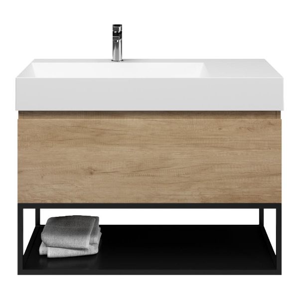 Bellanti Solo/Tela/Azzurra badmeubel 100x46 1 softclose lade olm greeploos keramische wastafel links wit mat met 1 kraangat met mat zwart metalen frame