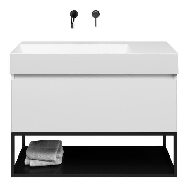 Bellanti Solo/Tela/Azzurra badmeubel 100x46 1 softclose lade wit hoogglans greeploos keramische wastafel links wit mat zonder kraangaten met mat zwart metalen frame