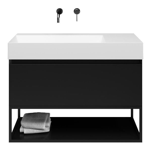 Bellanti Solo/Tela/Azzurra badmeubel 100x46 1 softclose lade zwart mat greeploos keramische wastafel links wit mat zonder kraangaten met mat zwart metalen frame