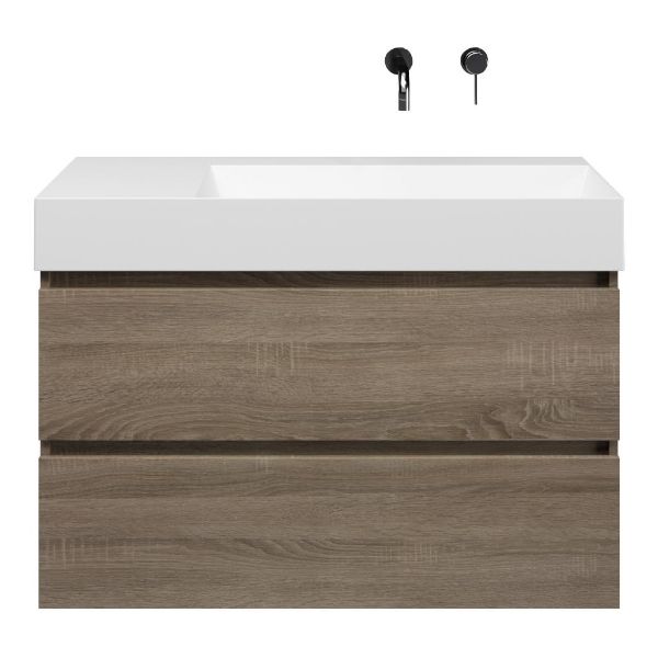 Bellanti Elena/Azzurra badmeubel 100x46 2 softclose laden eiken donker greeploos keramische wastafel rechts wit mat zonder kraangaten