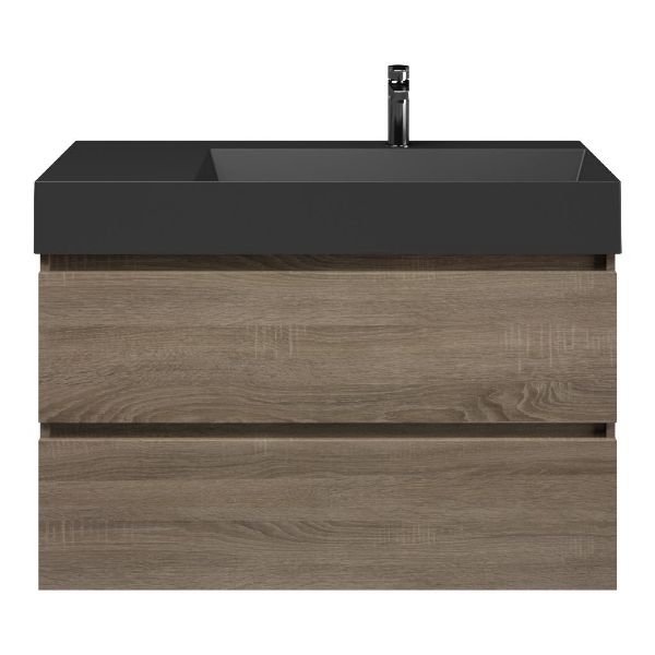 Bellanti Elena/Azzurra badmeubel 100x46 2 softclose laden eiken donker greeploos keramische wastafel rechts zwart mat met 1 kraangat