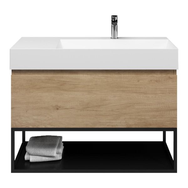 Bellanti Solo/Tela/Azzurra badmeubel 100x46 1 softclose lade olm greeploos keramische wastafel rechts wit mat met 1 kraangat met mat zwart metalen frame