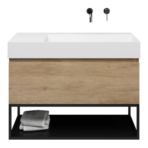 Bellanti Solo/Tela/Azzurra badmeubel 100x46 1 softclose lade olm greeploos keramische wastafel rechts wit glans zonder kraangat met mat zwart metalen frame