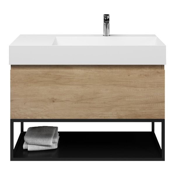 Bellanti Solo/Tela/Azzurra badmeubel 100x46 1 softclose lade olm greeploos keramische wastafel rechts wit glans met 1 kraangat met mat zwart metalen frame