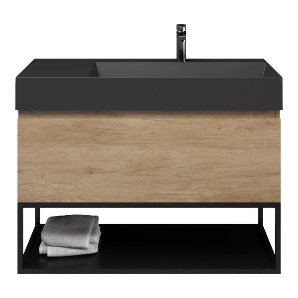 Bellanti Solo/Tela/Azzurra badmeubel 100x46 1 softclose lade olm greeploos keramische wastafel rechts zwart mat met 1 kraangat met mat zwart metalen frame