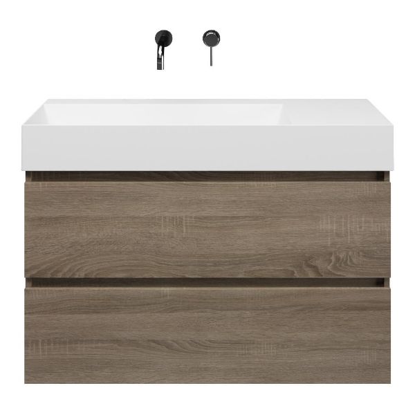 Bellanti Elena/Azzurra badmeubel 100x46 2 softclose laden eiken donker greeploos keramische wastafel links wit glans zonder kraangaten