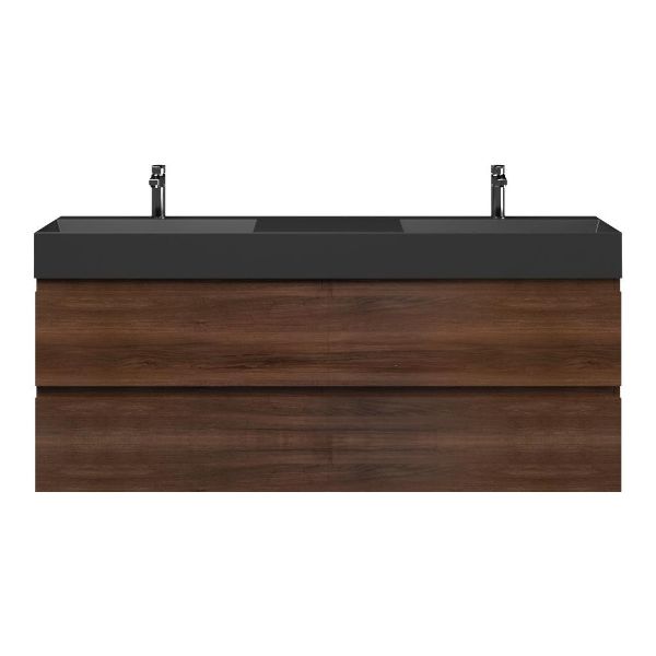 Bellanti Gisella/Azzurra badmeubel 160x46 4 softclose laden walnoot greeploos keramiek dubbele wastafel mat zwart met 2 kraangaten