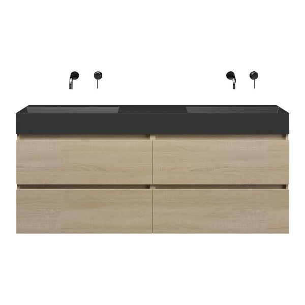 Bellanti Elena/Azzurra badmeubel 160x46 4 softclose laden eiken licht greeploos keramiek dubbele wastafel mat zwart zonder kraangaten