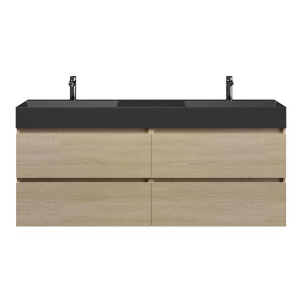 Bellanti Elena/Azzurra badmeubel 160x46 4 softclose laden eiken licht greeploos keramiek dubbele wastafel mat zwart 2 kraangaten