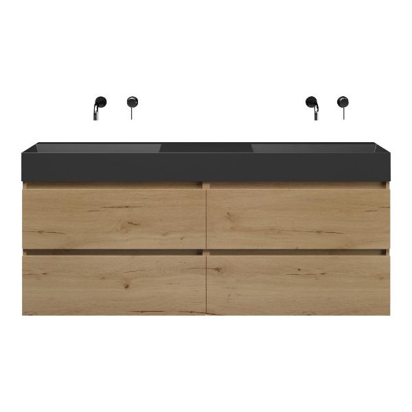 Bellanti Elena/Azzurra badmeubel 160x46 4 softclose laden eiken natuur greeploos keramiek dubbele wastafel mat zwart zonder kraangaten