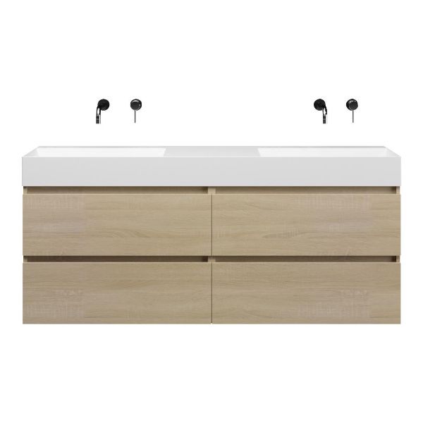 Bellanti Elena/Azzurra badmeubel 160x46 4 softclose laden eiken licht greeploos keramiek dubbele wastafel mat wit zonder kraangaten
