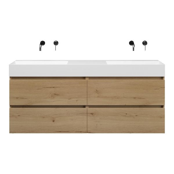 Bellanti Elena/Azzurra badmeubel 160x46 4 softclose laden eiken natuur greeploos keramiek dubbele wastafel mat wit zonder kraangaten