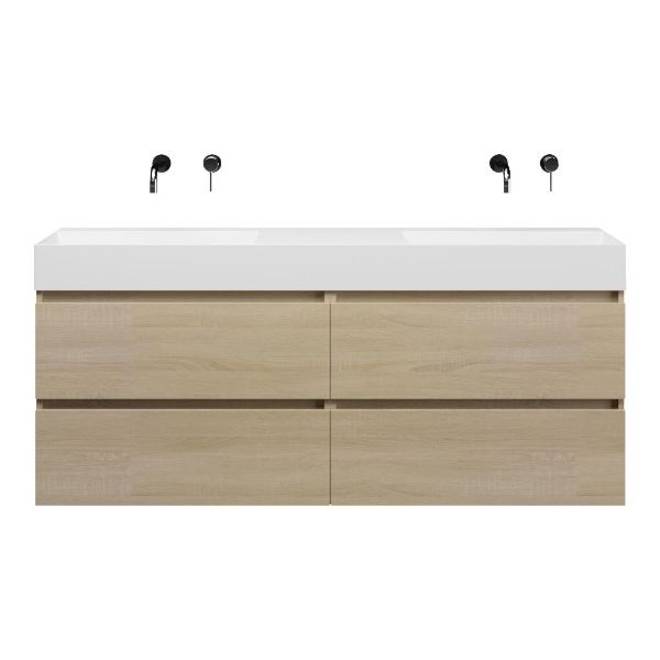 Bellanti Elena/azzurra badmeubel 160x46 4 softclose laden eiken licht greeploos keramiek dubbele wastafel wit zonder kraangaten