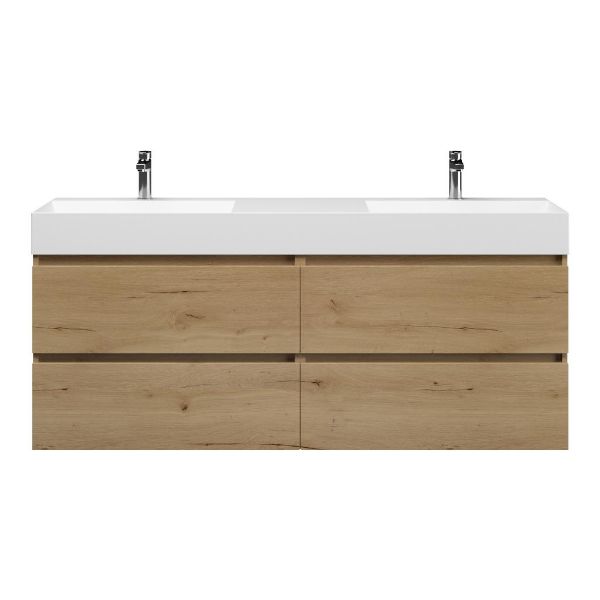 Bellanti Elena/Azzurra badmeubel 160x46 4 softclose laden eiken natuur greeploos keramiek dubbele wastafel mat wit 2 kraangaten