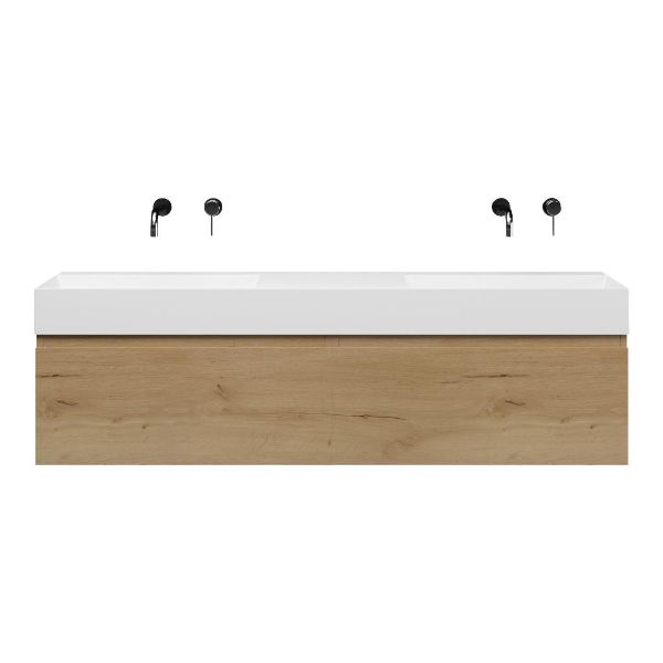 Bellanti Solo/azzurra badmeubel 160x46 2 softclose laden eiken natuur greeploos keramiek dubbele wastafel wit zonder kraangaten