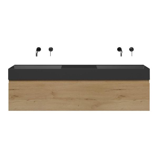 Bellanti Solo/Azzurra badmeubel 160x46 2 softclose laden eiken natuur greeploos keramiek dubbele wastafel mat zwart zonder kraangaten