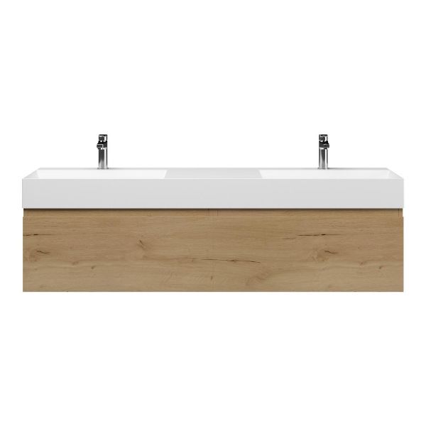 Bellanti Solo/Azzurra badmeubel 160x46 2 softclose laden eiken natuur greeploos keramiek dubbele wastafel mat wit 2 kraangaten
