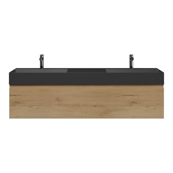Bellanti Solo/Azzurra badmeubel 160x46 2 softclose laden eiken natuur greeploos keramiek dubbele wastafel mat zwart 2 kraangaten