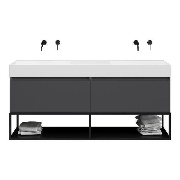 Bellanti Solo/Tela/Azzurra badmeubel 160x46 2 softclose laden mat antraciet greeploos keramiek dubbele wastafel wit zonder kraangaten met mat zwart metalen frame