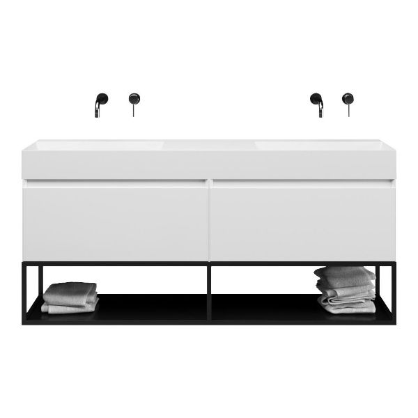 Bellanti Solo/Tela/Azzurra badmeubel 160x46 2 softclose laden hoogglans wit greeploos keramiek dubbele wastafel wit zonder kraangaten met mat zwart metalen frame