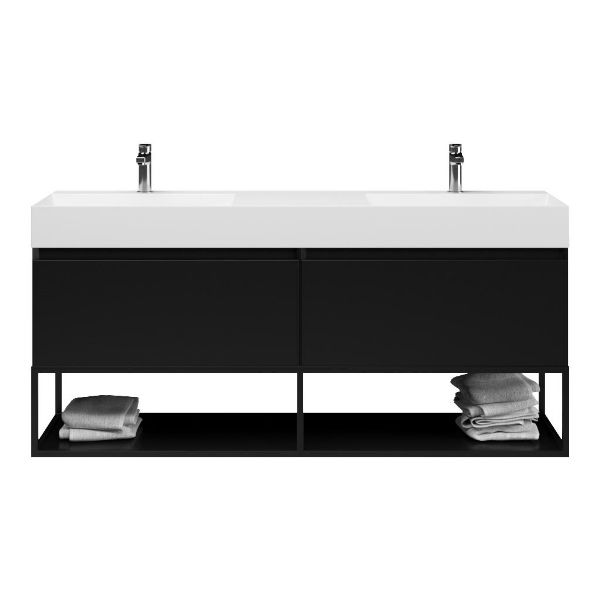 Bellanti Solo/Tela/Azzurra badmeubel 160x46 2 softclose laden mat zwart greeploos keramiek dubbele wastafel wit met 2 kraangaten met mat zwart metalen frame