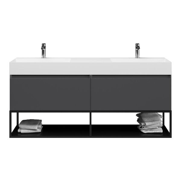 Bellanti Solo/Tela/Azzurra badmeubel 160x46 2 softclose laden mat antraciet greeploos keramiek dubbele wastafel wit met 2 kraangaten met mat zwart metalen frame