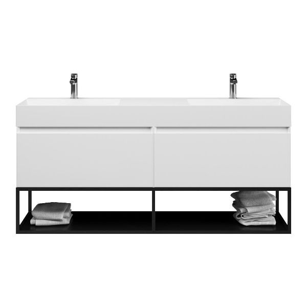 Bellanti Solo/Tela/Azzurra badmeubel 160x46 2 softclose laden hoogglans wit greeploos keramiek dubbele wastafel wit met 2 kraangaten met mat zwart metalen frame