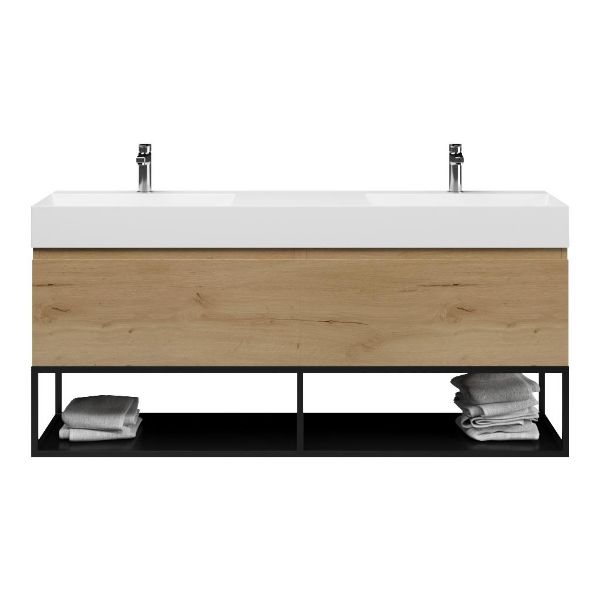 Bellanti Solo/Tela/Azzurra badmeubel 160x46 2 softclose laden eiken natuur greeploos keramiek dubbele wastafel wit 2 kraangaten met mat zwart metalen frame