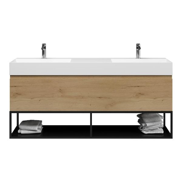 Bellanti Solo/Tela/Azzurra badmeubel 160x46 2 softclose laden eiken natuur greeploos keramiek dubbele wastafel mat wit 2 kraangaten met mat zwart metalen frame