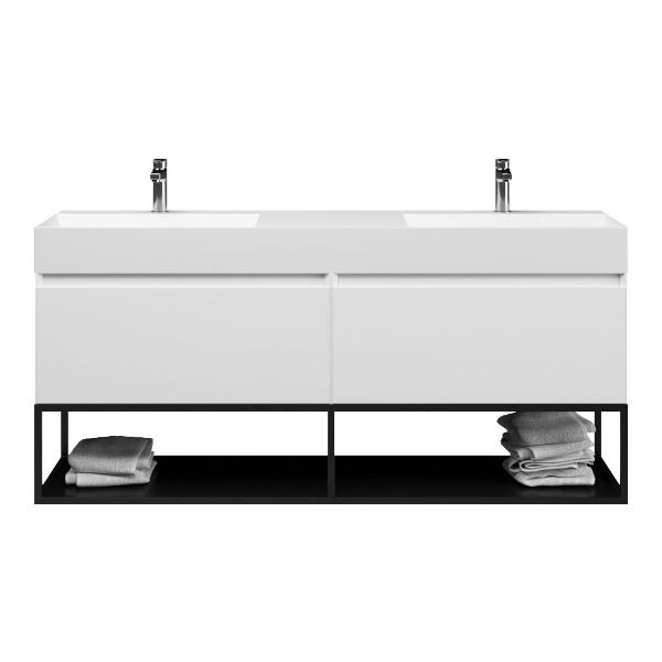 Bellanti Solo/Tela/Azzurra badmeubel 160x46 2 softclose laden hoogglans wit greeploos keramiek dubbele wastafel mat wit met 2 kraangaten met mat zwart metalen frame